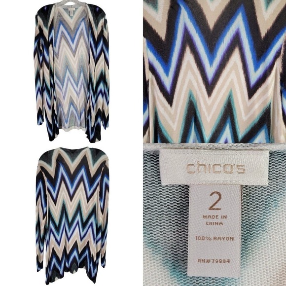 Chicos Cardigan Sweater Rayon Women's Size 2 US Large LS Open Front Blue Chevron - Picture 1 of 7